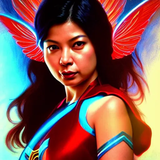 Prompt: angel locsin as darna, volumetric lights, red and cyan theme, art nouveau botanicals, intricate, highly detailed, digital painting, artstation, concept art, smooth, sharp focus, cinematic, illustration, beautiful face, art by artgerm and greg rutkowski and alphonse mucha