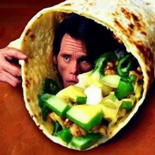 Image similar to jim carrey's head inside of a burrito, inside burrito, inside burrito