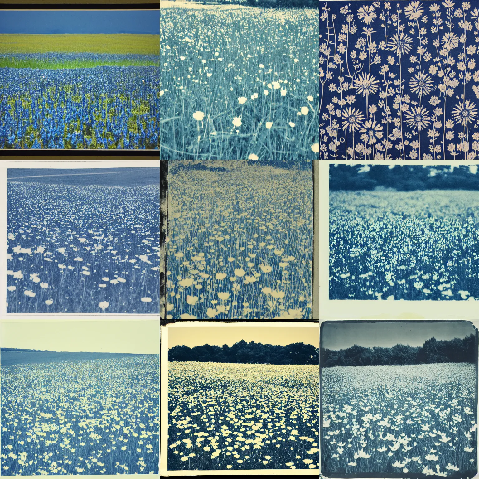 Prompt: a field of flowers, cyanotype