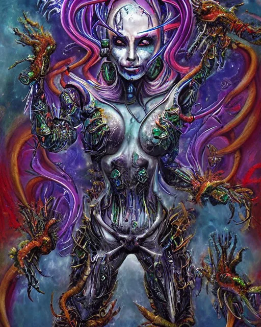 Image similar to silver mechanical charred bloody fleshmetal cyborg daemonhost woman psychedelic flamer of tzeentch with extra arms, blue and green rainbow fire, by antonio j. manzanedo, alex grey, android jones, wayne barlowe, philippe druillet, josephine wall, harumi hironaka, cronenburg, trending on artstation