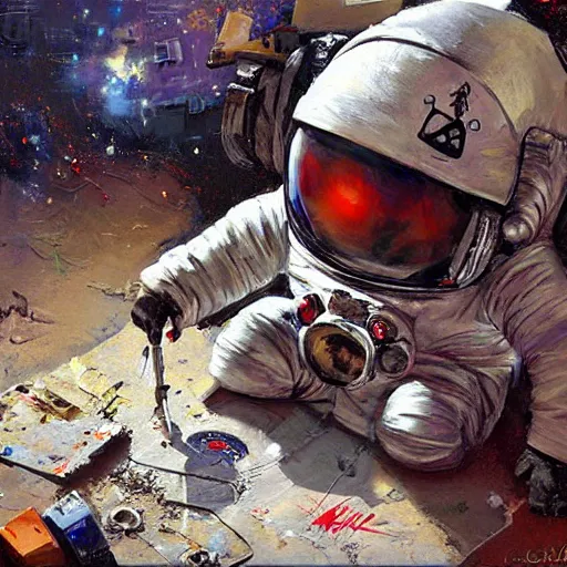 Prompt: baby astronaut doing maintenance, graffiti painting by Craig Mullins