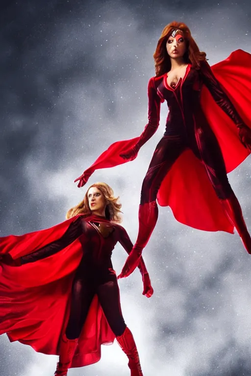 Prompt: marvel superhero, beautiful woman, floating in the air, red tight costume and red long hair, black cloak, power field around her, detailed portrait, dark background texture, 8 k, concept art, illustration by john byrne and terry austin. cinematic dramatic atmosphere, sharp focus, volumetric lighting, cinematic lighting, studio quality