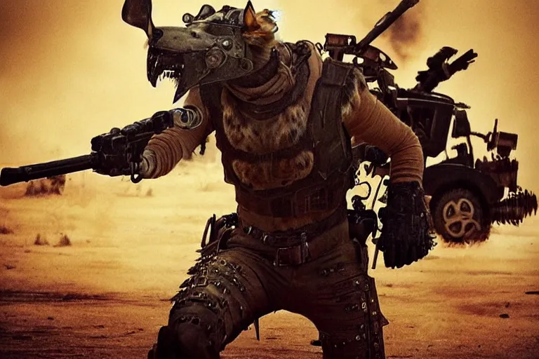 Image similar to a good ol'coyote fursona ( from the furry fandom ), heavily armed and armored facing down armageddon in a dark and gritty version from the makers of mad max : fury road. witness me.