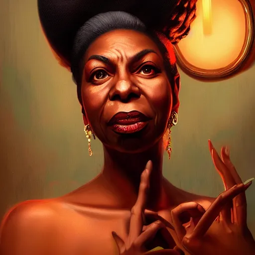 Prompt: Highly detailed portrait of a nina simone singing in a speakeasy unreal engine, fantasy art by Peter Mohrbacher, red and blue lighting, detailed and intricate environment