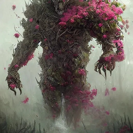 Image similar to a beautiful terrifying monster made out of flowers. ethereal horror fantasy art by greg rutkowski