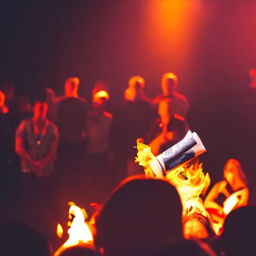 Image similar to Modern worship leader burning a Bible on stage, dramatic lighting, crowd cheering
