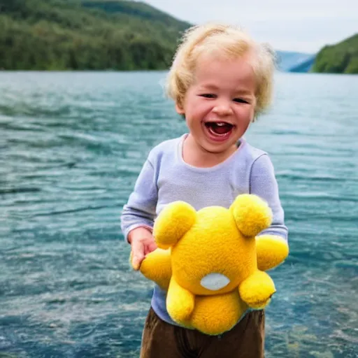 Prompt: toddler with blond wavy hair, lake, holding a duck teddy, ultra realistic, cute, laughing