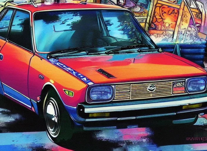 Image similar to beautiful yoshitaka amano art of a datsun bluebird 5 1 0, detailed painting