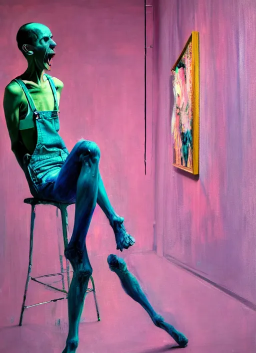 Image similar to an insane, skinny, artist wearing overalls, expressive painting the walls inside a grand messy studio, depth of field, hauntingly surreal, highly detailed painting by francis bacon, edward hopper, adrian ghenie, glenn brown, and james jean, soft light 4 k in pink, green and blue colour palette, cinematic composition,