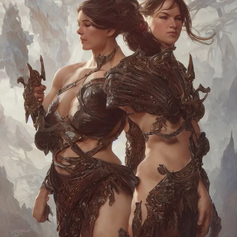 Image similar to fullbody portrait of a female fantasy warrior, muscular, upper body, intricate, elegant, highly detailed, digital painting, artstation, concept art, matte, sharp focus, illustration, art by Artgerm and Greg Rutkowski and Alphonse Mucha