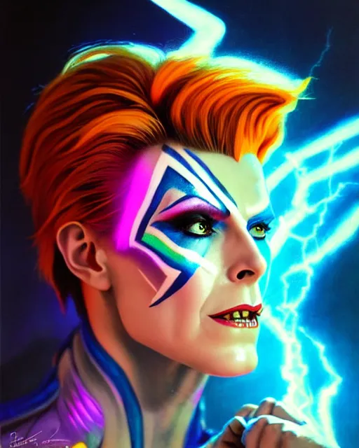 Image similar to moira from overwatch, david bowie lightning bolt face paint, character portrait, portrait, close up, highly detailed, intricate detail, amazing detail, sharp focus, vintage fantasy art, vintage sci - fi art, radiant light, caustics, by boris vallejo