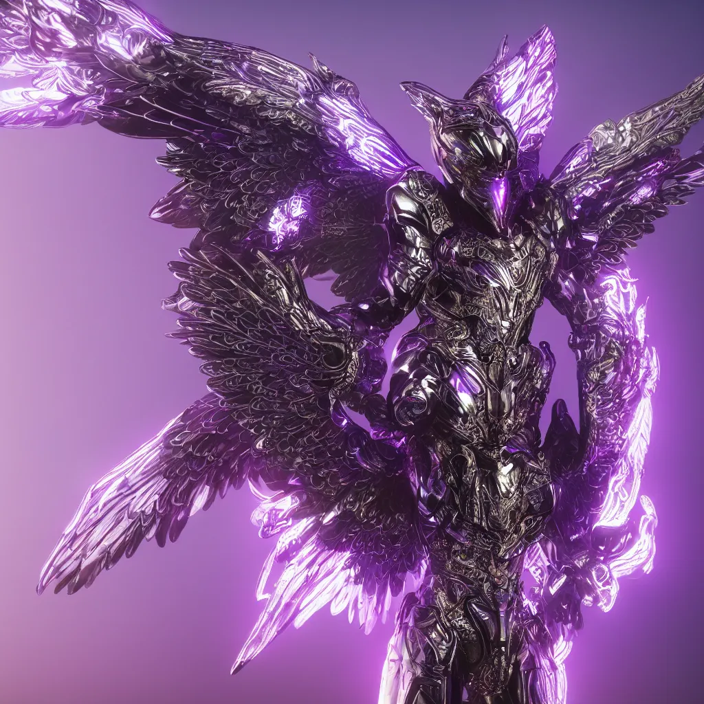 Image similar to a photo of 8k ultra realistic archangel with 6 wings, full body, intricate purple and blue neon armor, ornate, cinematic lighting, trending on artstation, 4k, hyperrealistic, focused, high details, unreal engine 5, cinematic