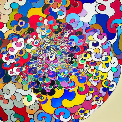 Image similar to colorful dragons swirling in the fluffy cloud, painted by takashi murakami