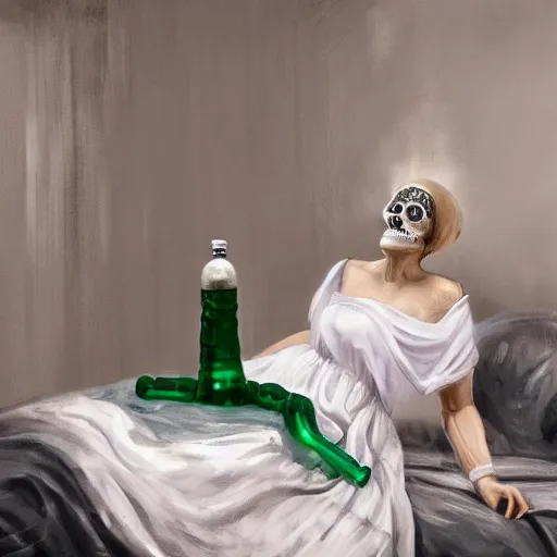 Image similar to woman in hospital room. Holding bottle made of skull. Poisonous green smoke comes out of a botlle forming dancing skeletons to the air. Woman is wearing white toga made of silk. Glamour photograph. Digital painting - h 768