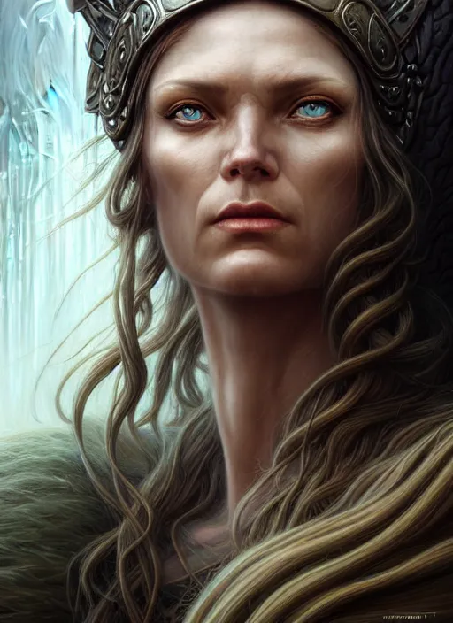 Image similar to closeup portrait shot of a norse goddess in a scenic dystopian environment, intricate, elegant, highly detailed, centered, digital painting, artstation, concept art, smooth, sharp focus, illustration, artgerm, tomasz alen kopera, peter mohrbacher, donato giancola, joseph christian leyendecker, wlop, boris vallejo