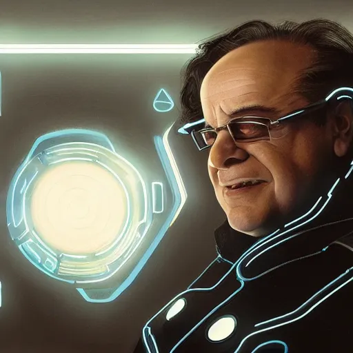 Image similar to portrait of Danny Devito in the movie Tron, detailed, centered, digital painting, artstation, concept art, donato giancola, Joseph Christian Leyendecker, WLOP, Boris Vallejo, Breathtaking, 8k resolution, extremely detailed, beautiful, establishing shot, artistic, hyperrealistic, octane render