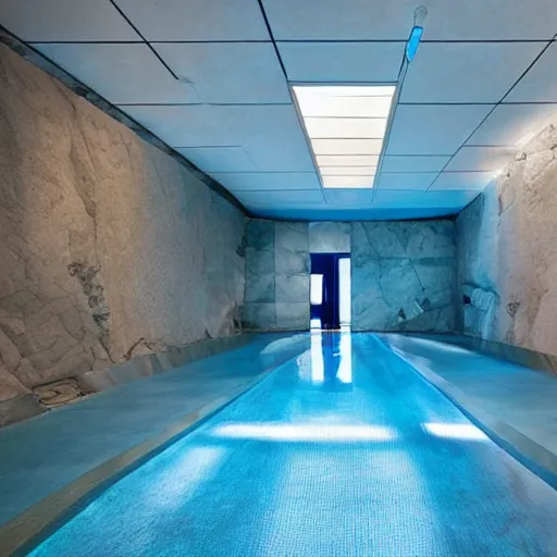 Image similar to a startrek futuristic large room with walls and floor made of blue rock. There is a small swimming pool on the floor