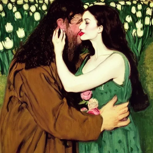 Image similar to hagrid the viking and morticia addams kiss in a field of tulips, masterpiece, highly detailed, oil on canvas, art by walter sickert, john singer sargent, and william open