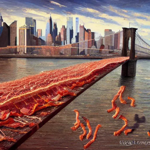Prompt: the brooklyn bridge made of bacon by greg rutkowski and frank lloyd wright