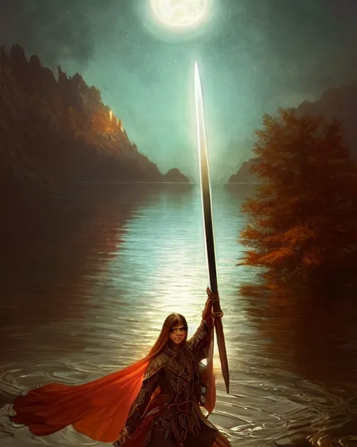 Image similar to a magic sword rising from the middle of a lake under a giant full moon, rippling reflections, western, D&D, fantasy, intricate, elegant, highly detailed, digital painting, artstation, concept art, matte, sharp focus, illustration, art by Artgerm and Greg Rutkowski and Alphonse Mucha, masterpiece, stunning, artstation