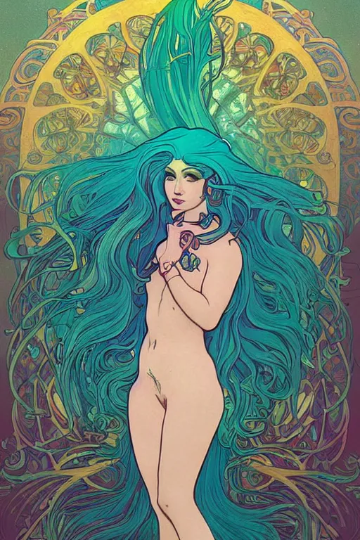 Image similar to a beautiful psychedelic mermaid with a beautiful fin, symmetrical features, cinematic lighting, soft bokeh, fantasy, modern, colourful, highly detailed, digital painting, artstation, deviantart, concept art, sharp focus, illustration, by alphonse mucha