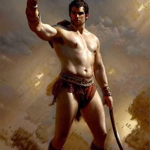 Image similar to Henry Cavill as a roman warrior, muscular, thighs!!!!, painting by Gaston Bussiere, Craig Mullins