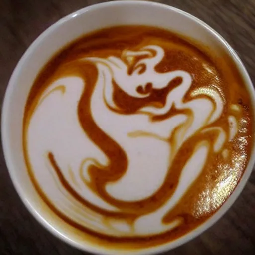 Prompt: photo, latte art of cheeky asian dragon breathing fire, award winning, white background, deviantart, beautiful, intricate, highly detailed