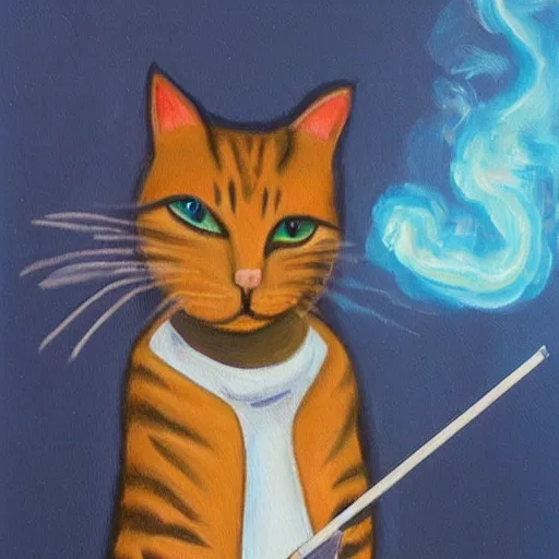 Prompt: painting of a cat smoking a joint