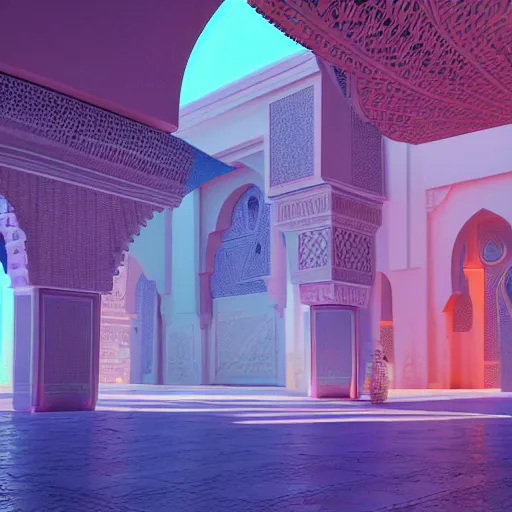 Image similar to Futuristic Marrakech Morocco, in the style of beeple and Mike Winkelmann, photo real, ultra realistic, intricate, epic lighting, 8k resolution, unreal engine 5, ultraviolet colors