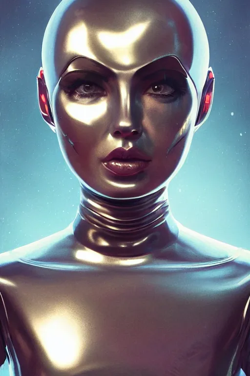 Prompt: retro-futuristic female android in old scratched chrome armour, vintage used look, facial portrait, rim light, ornate pattern, glowing eyes, evil expression, painting by vincent di fate, artgerm julie bell beeple, Smooth gradients, High contrast, depth of field, very coherent symmetrical artwork