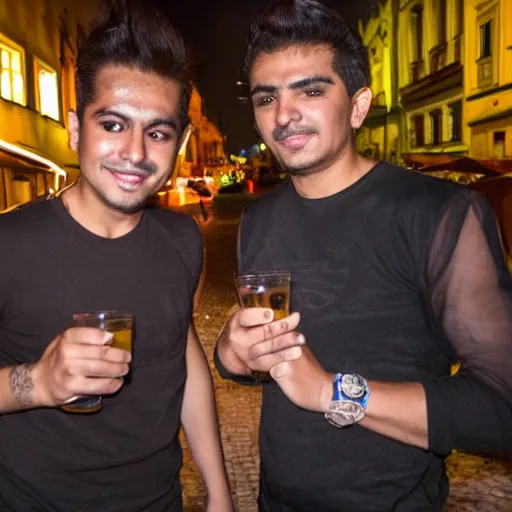 Prompt: two Mexican brothers at night club in Prague