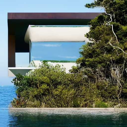 Image similar to organic rectangular architecture concept, sea, renzo piano, ricardo legorretta, villa, people, beach, artistic, ecology, green.