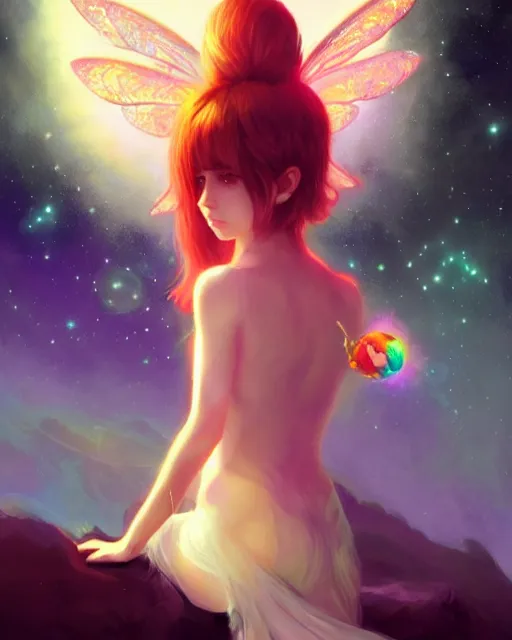 Image similar to a detailed digital art of an attractive!!!! girl with psychedelic! fairy wings sitting under the night sky and holding!! a crystal!! containing all of reality and galaxies, by greg rutkowski artgerm ilya kuvshinov. anime! dramatic lighting, cinematic angle, heavy contrast