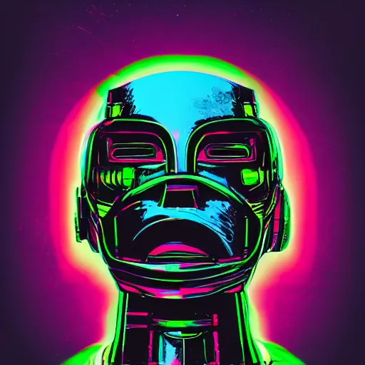 Prompt: photoshop mockup of a black tshirt with a hyperdetailed portrait of a spaced out diesel punk robot, 8 k, symetrical, flourescent colors, multicolored,