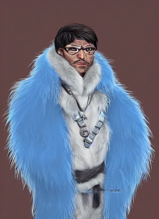Prompt: portrait of a blue-skinned man wearing a fur coat, illustration, fantasy, Dungeon and Dragon, trending on ArtStation