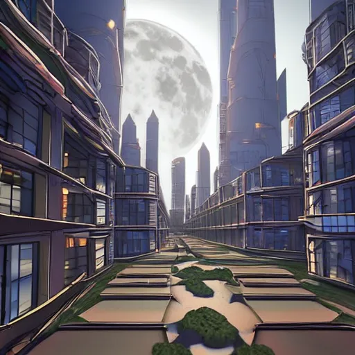 Image similar to point perspective, scifi city in the future, full moon in the city