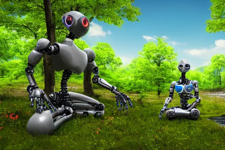 Image similar to professional photo of highly-detailed robot sitting cross-legged with its head pointing down on a small hill, in a fantasy forest with blooming trees and surrounded my wildlife, river flowing beside the robot, 4k, highly detailed, Unreal Engine