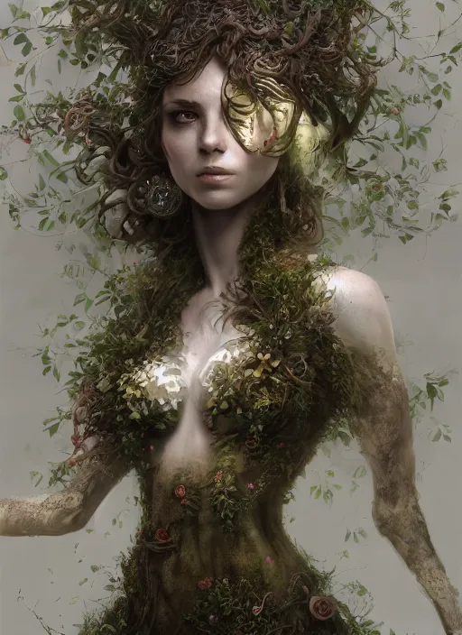 Image similar to dryad, pure white, naturel, hyper detailed, digital art, trending in artstation, cinematic lighting, studio quality, smooth render, unreal engine 5 rendered, octane rendered, art style by klimt and nixeu and ian sprigger and wlop and krenz cushart