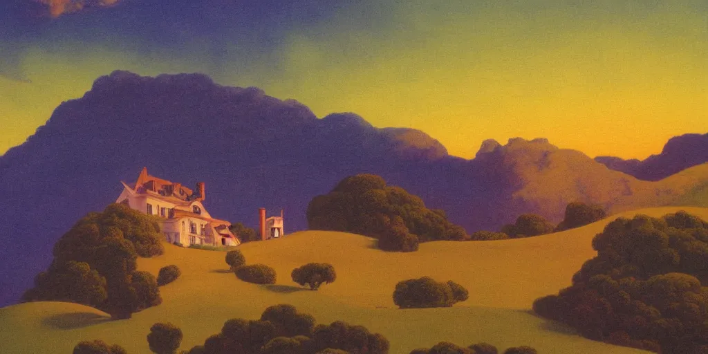 Prompt: a painting of a house on top of a hill with a sunset in the style of maxfield parrish