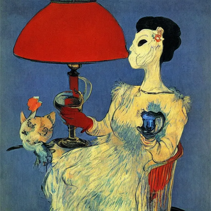 Image similar to dream infusion in a woman with white dress and colorful primitive mask and blue dog. lamp light. henri de toulouse - lautrec, rene magritte, max ernst, walton ford