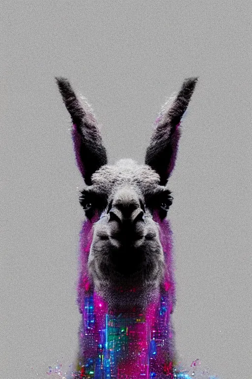 Image similar to vivid 3D animated designscapes with bursts of radiant particles–building an ethereal minimal llama portrait, professional concept art, trending on artstation, geometric