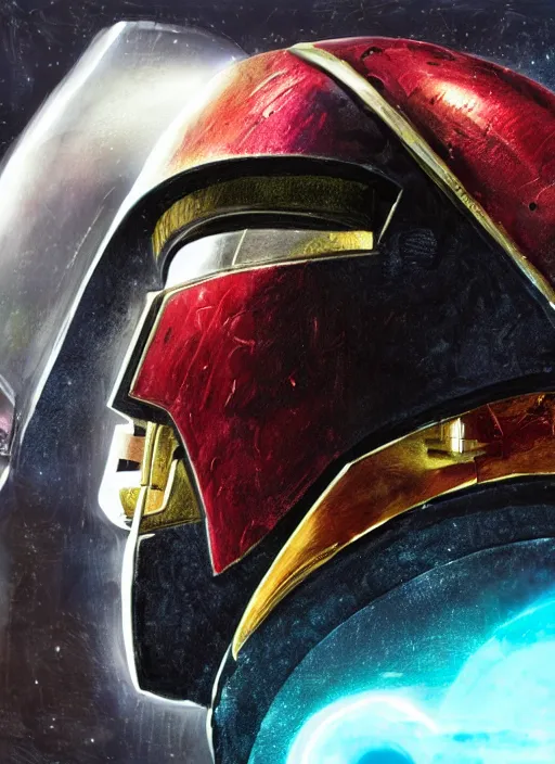 Prompt: Robot Suit in 1/4 Right Profile, Judge Dredd, Half Face, Samus Aran, Colorful, Space Background, Human Jaw, Mouth, Half Helmet, Visor, Bust, Concept Art, Helmet, Dredd, Karl Urban, Sylvester Stallone, Profile, High Detail, 2D art, Artstation, Neon lights, Sci-fi, Space suit, Luis Nieves Sr, Makoto Kano, Metroid