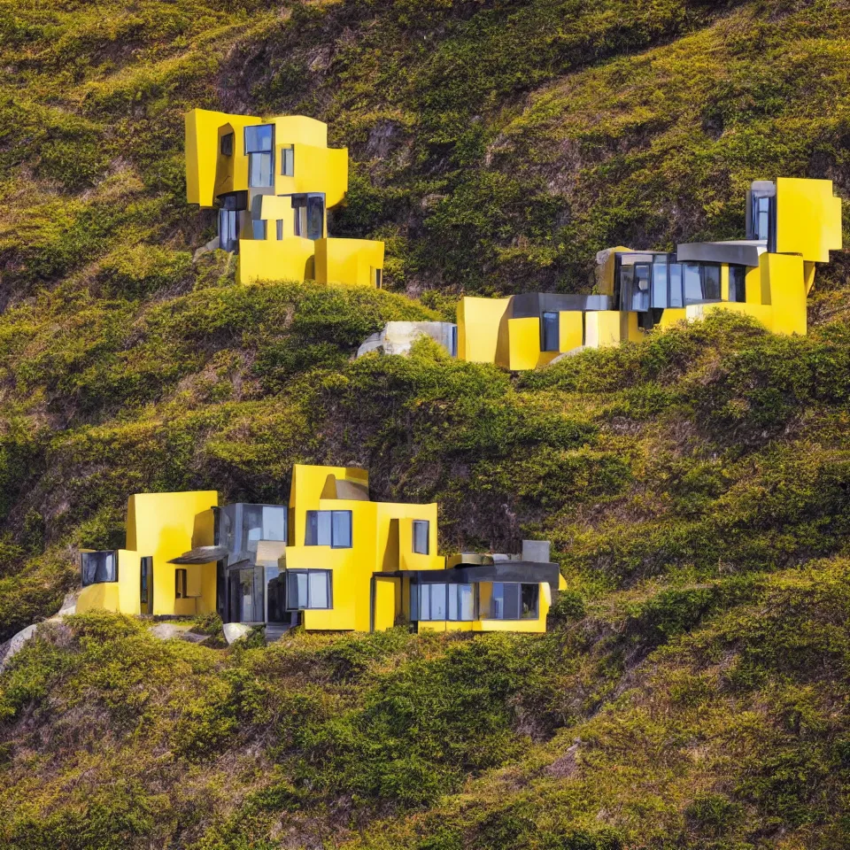 Image similar to a tiny flat horizontal house on a cliff, designed by Frank Gehry. Big tiles. Small wooden pathway . Film grain, cinematic, yellow hue