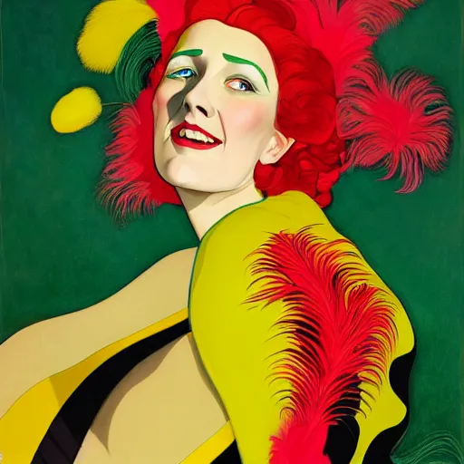 Image similar to art by joshua middleton, a medium shot portrait of the golden creeper, a tall manically smiling yellow - skinned woman with green and black striped cycling shorts and wearing a long red and black striped ostrich feather boa, yellow makeup, mucha, kandinsky, poster, art deco motifs, comic art, stylised design, scarlet feather boa