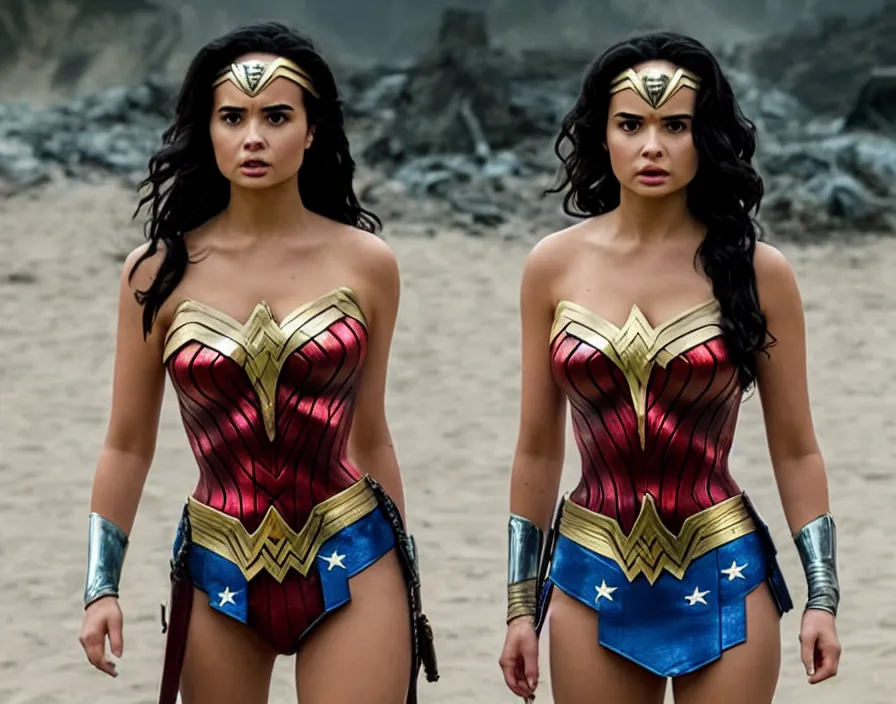 Image similar to movie still of demi rose wearing tube top from the movie wonder woman, directed by scott snyder, 4 k hd, oscar winning, high detail