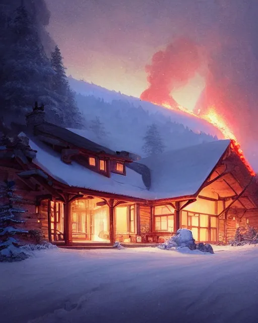 Image similar to mountain chalet covered in fire, smoke, sunrise, snow, sharp details, sharp focus, elegant, highly detailed, illustration, by Jordan Grimmer and greg rutkowski and PiNe(パイネ) and 薯子Imoko and 香川悠作 and wlop and maya takamura, intricate, beautiful, Trending artstation, pixiv, digital Art