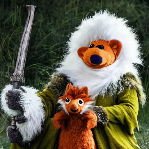 Prompt: photorealistic real life foxfolk wizard druid as a furry muppet plush wearing a fancy elven cloak and holding a sentient scimitar, photography, national geographic, sesame street