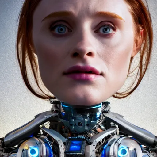 Image similar to beautiful centered Fine art photo portrait of mysterious Bryce Dallas Howard as a solarpunk robotic humanoid, white mechanical parts with led lights, photorealistic, white background, highly detailed and intricate, sunset lighting, HDR 8k