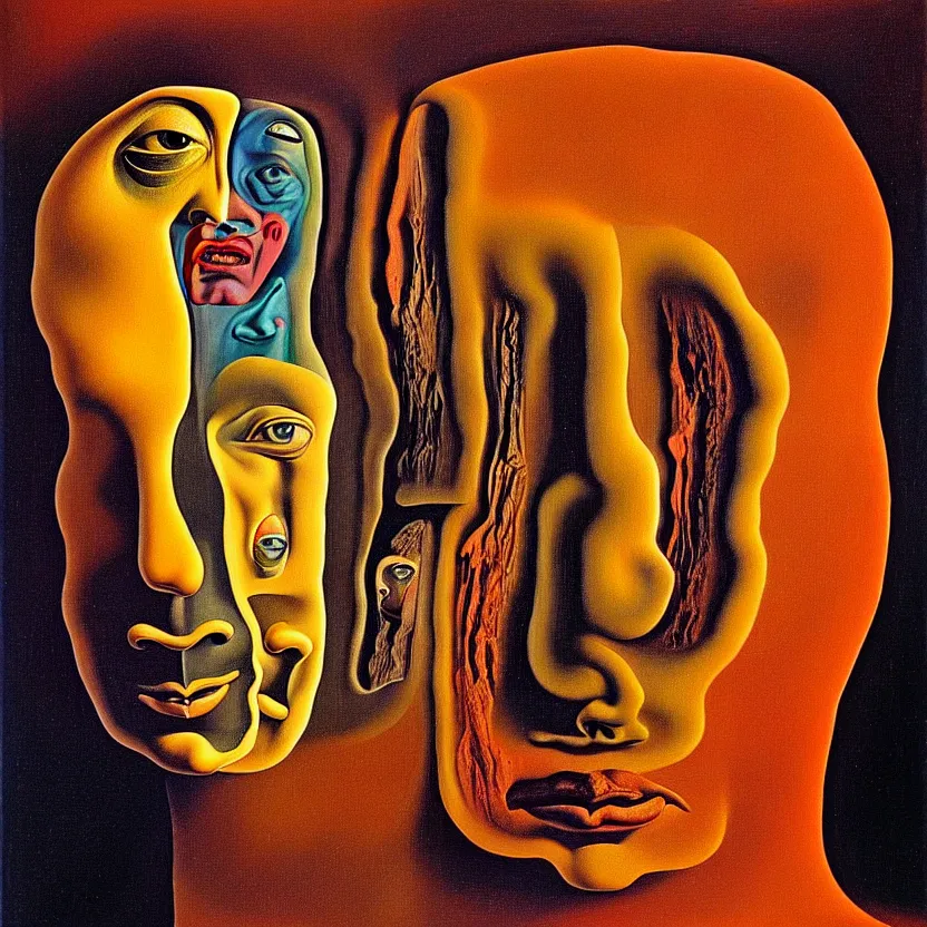 Image similar to a face coming out of a face coming out of a face, recursion, surreal, by salvador dali and max ernst, oil on canvas, weird, dreams, fantasy, soft lighting, warm colors