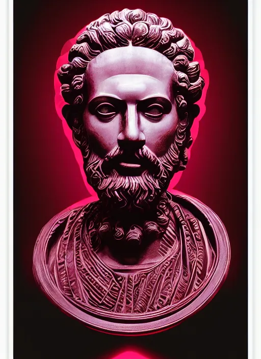 Image similar to dark design poster showing a statue of marcus aurelius, black background with very subtle red and purple design elements, powerful, nekro, vito acconci, thin straight lines, dark, glitch art, neo vaporwave, gritty, layout frame, square, trending on artstation